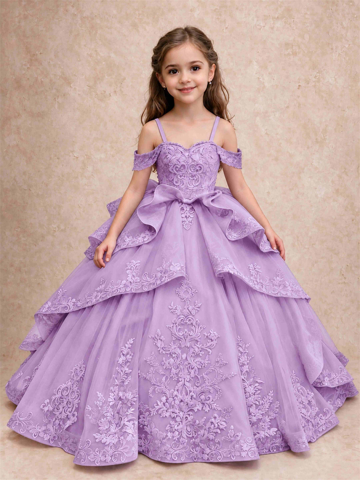 Off Shoulder Girls Pageant Dresses Lace Applique Layered Tulle Princess Ball Gown for Birthday Wedding