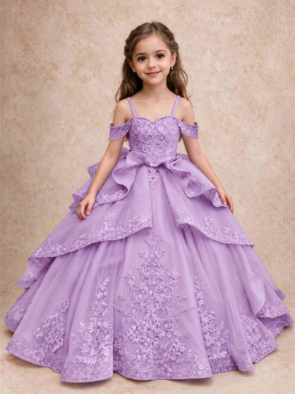 Off Shoulder Girls Pageant Dresses Lace Applique Layered Tulle Princess Ball Gown for Birthday Wedding