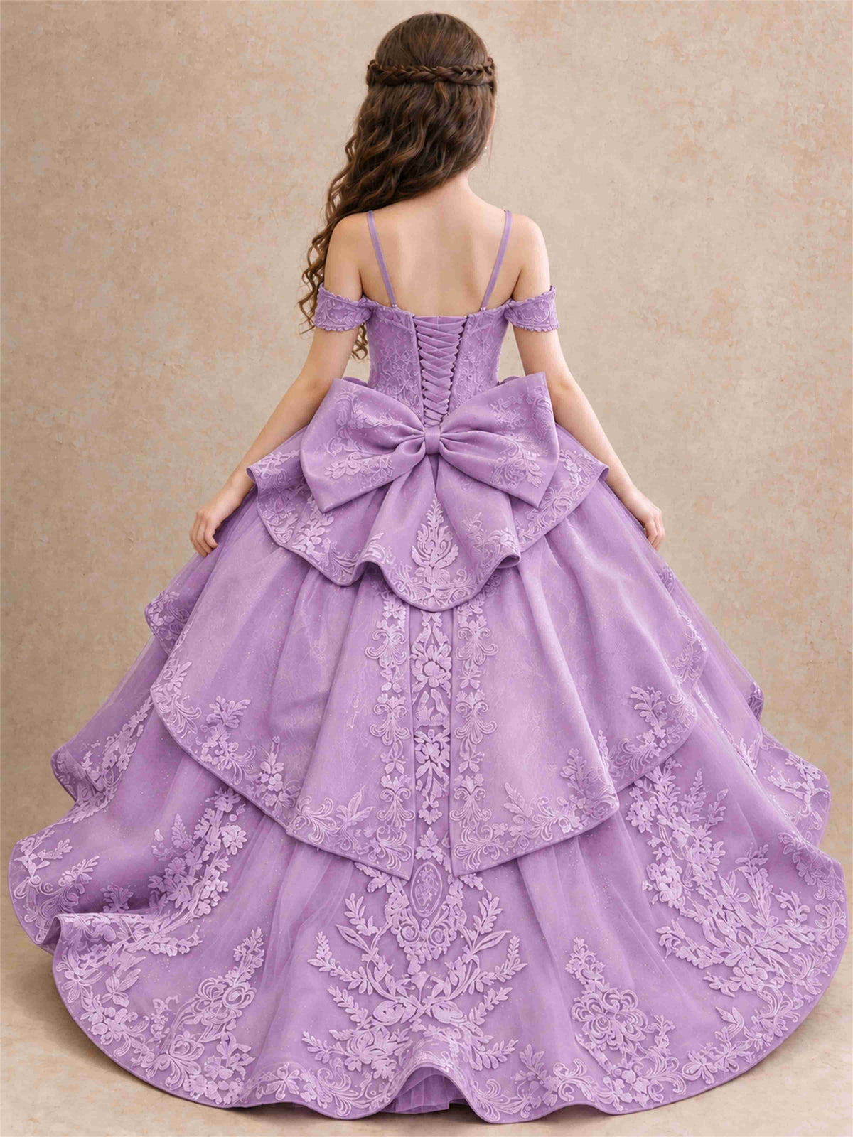 Off Shoulder Girls Pageant Dresses Lace Applique Layered Tulle Princess Ball Gown for Birthday Wedding