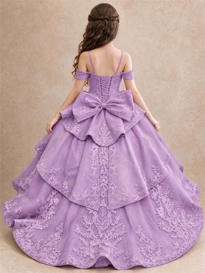Off Shoulder Girls Pageant Dresses Lace Applique Layered Tulle Princess Ball Gown for Birthday Wedding