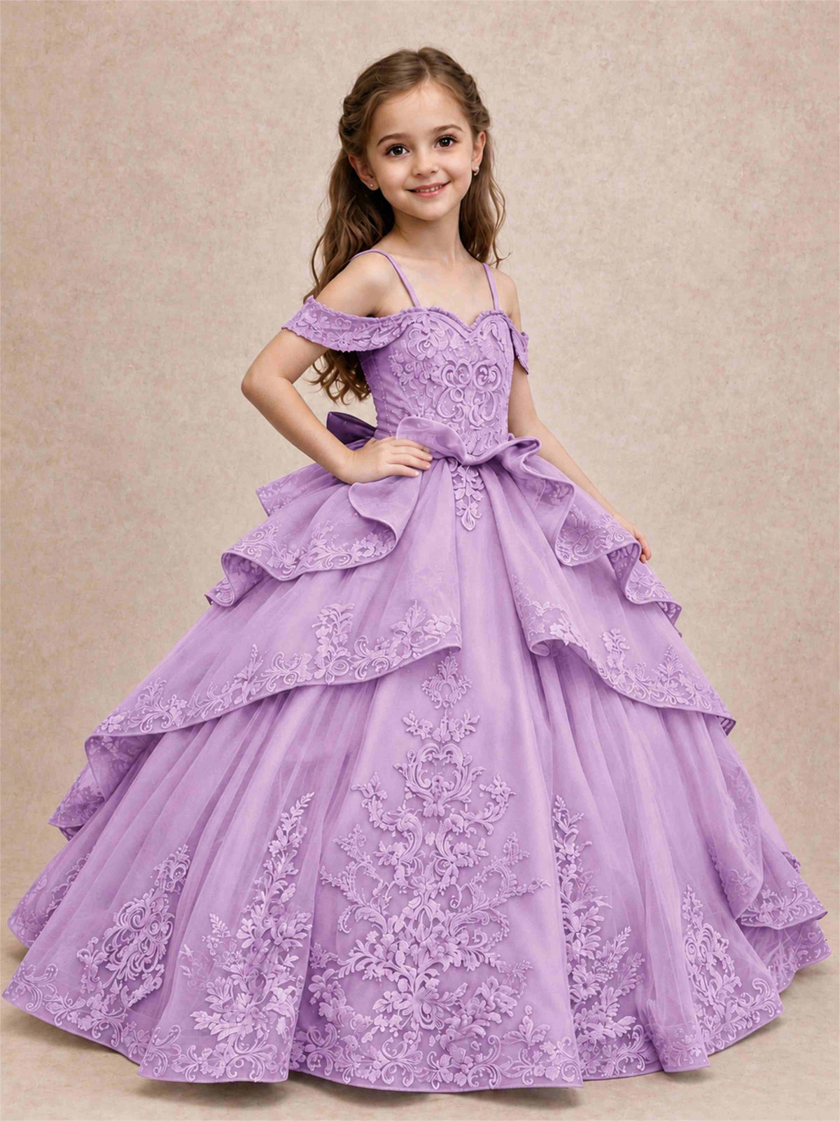 Off Shoulder Girls Pageant Dresses Lace Applique Layered Tulle Princess Ball Gown for Birthday Wedding