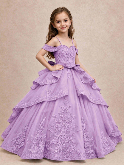 Off Shoulder Girls Pageant Dresses Lace Applique Layered Tulle Princess Ball Gown for Birthday Wedding