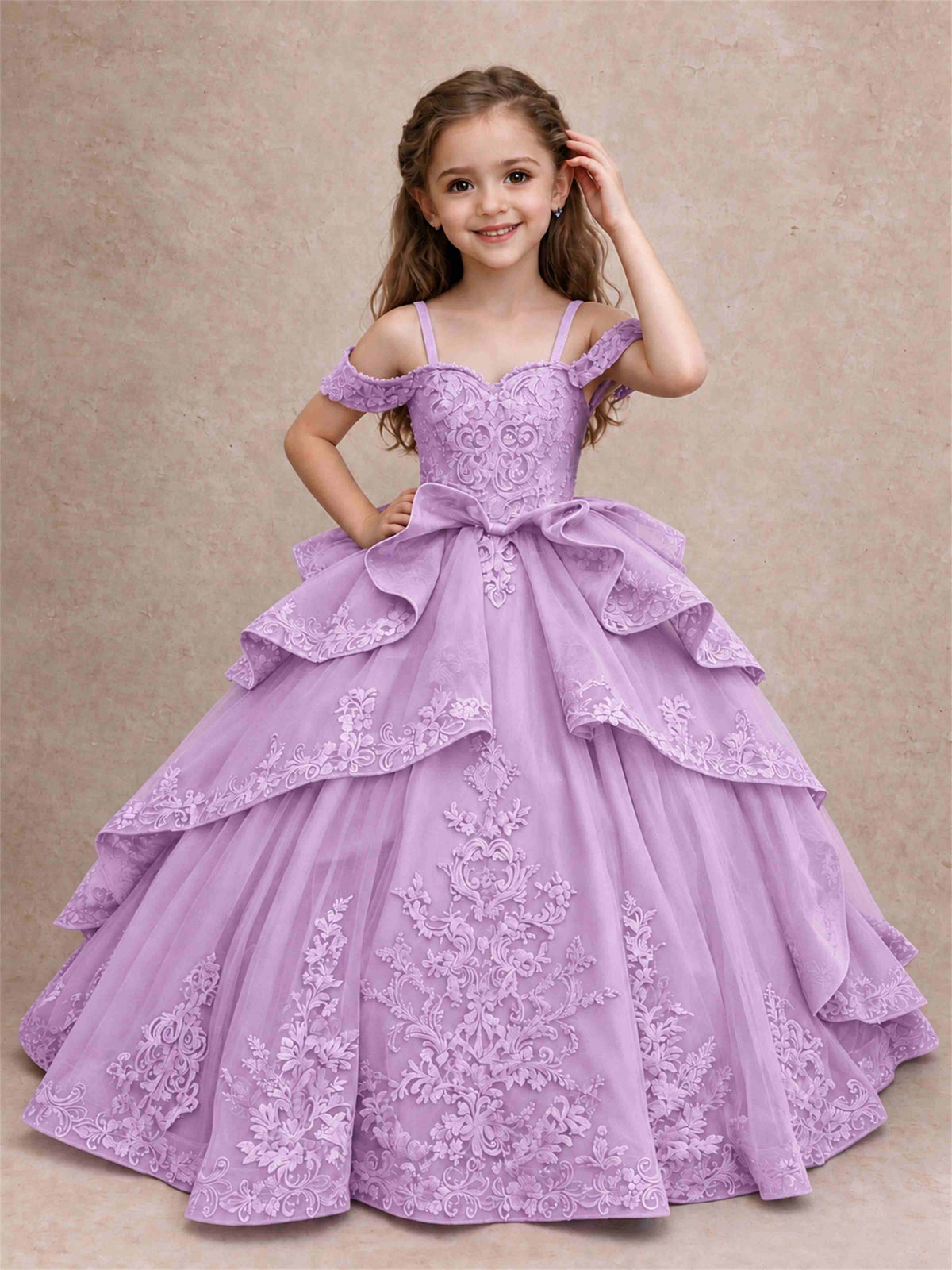Off Shoulder Girls Pageant Dresses Lace Applique Layered Tulle Princess Ball Gown for Birthday Wedding