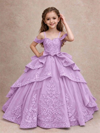 Off Shoulder Girls Pageant Dresses Lace Applique Layered Tulle Princess Ball Gown for Birthday Wedding