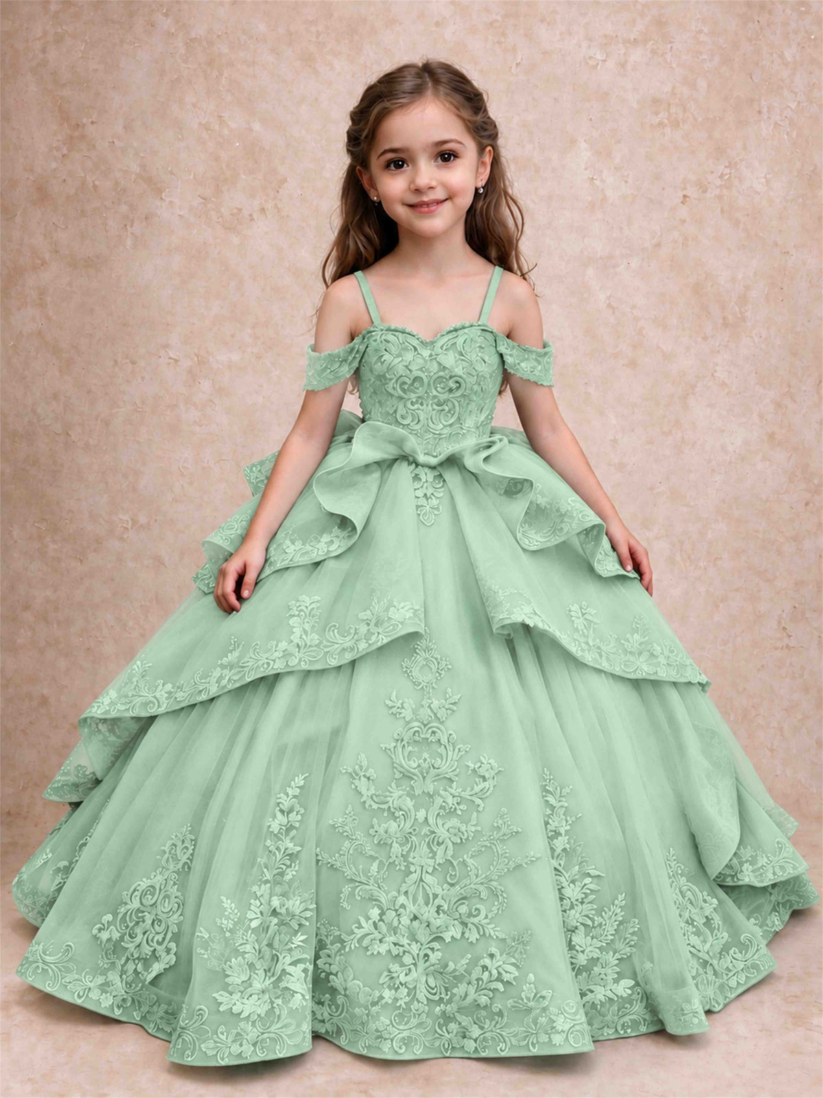 Off Shoulder Girls Pageant Dresses Lace Applique Layered Tulle Princess Ball Gown for Birthday Wedding