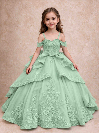 Off Shoulder Girls Pageant Dresses Lace Applique Layered Tulle Princess Ball Gown for Birthday Wedding