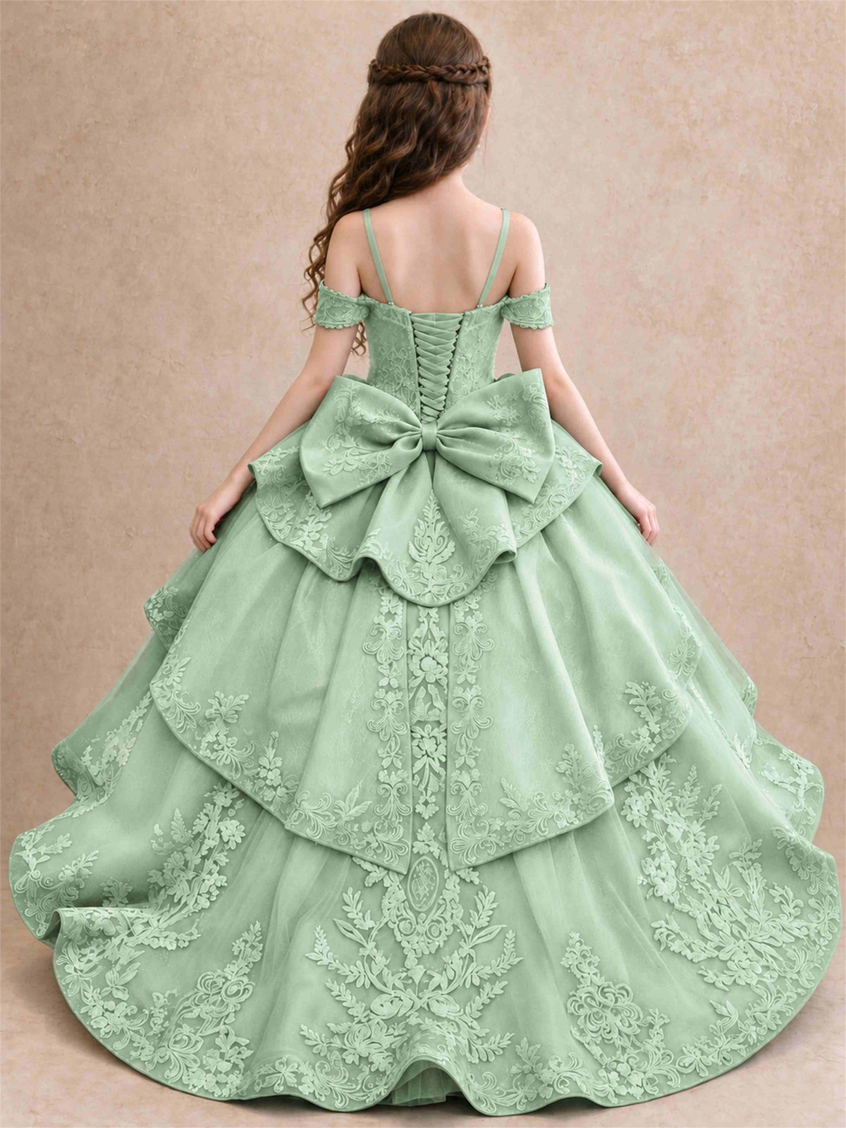 Off Shoulder Girls Pageant Dresses Lace Applique Layered Tulle Princess Ball Gown for Birthday Wedding