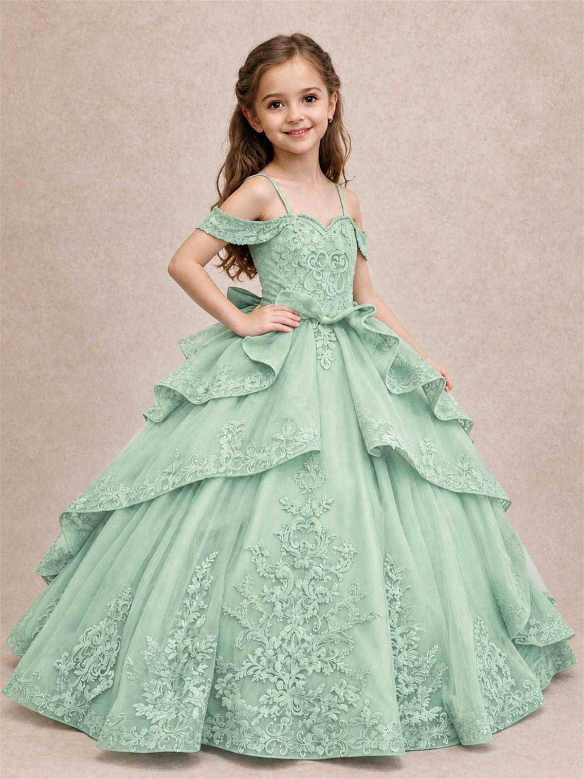 Off Shoulder Girls Pageant Dresses Lace Applique Layered Tulle Princess Ball Gown for Birthday Wedding
