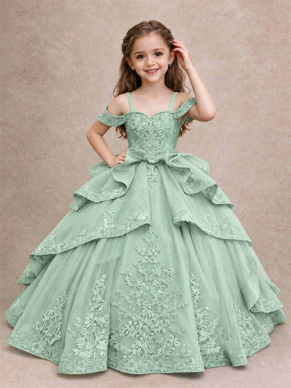 Off Shoulder Girls Pageant Dresses Lace Applique Layered Tulle Princess Ball Gown for Birthday Wedding