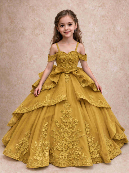 Off Shoulder Girls Pageant Dresses Lace Applique Layered Tulle Princess Ball Gown for Birthday Wedding