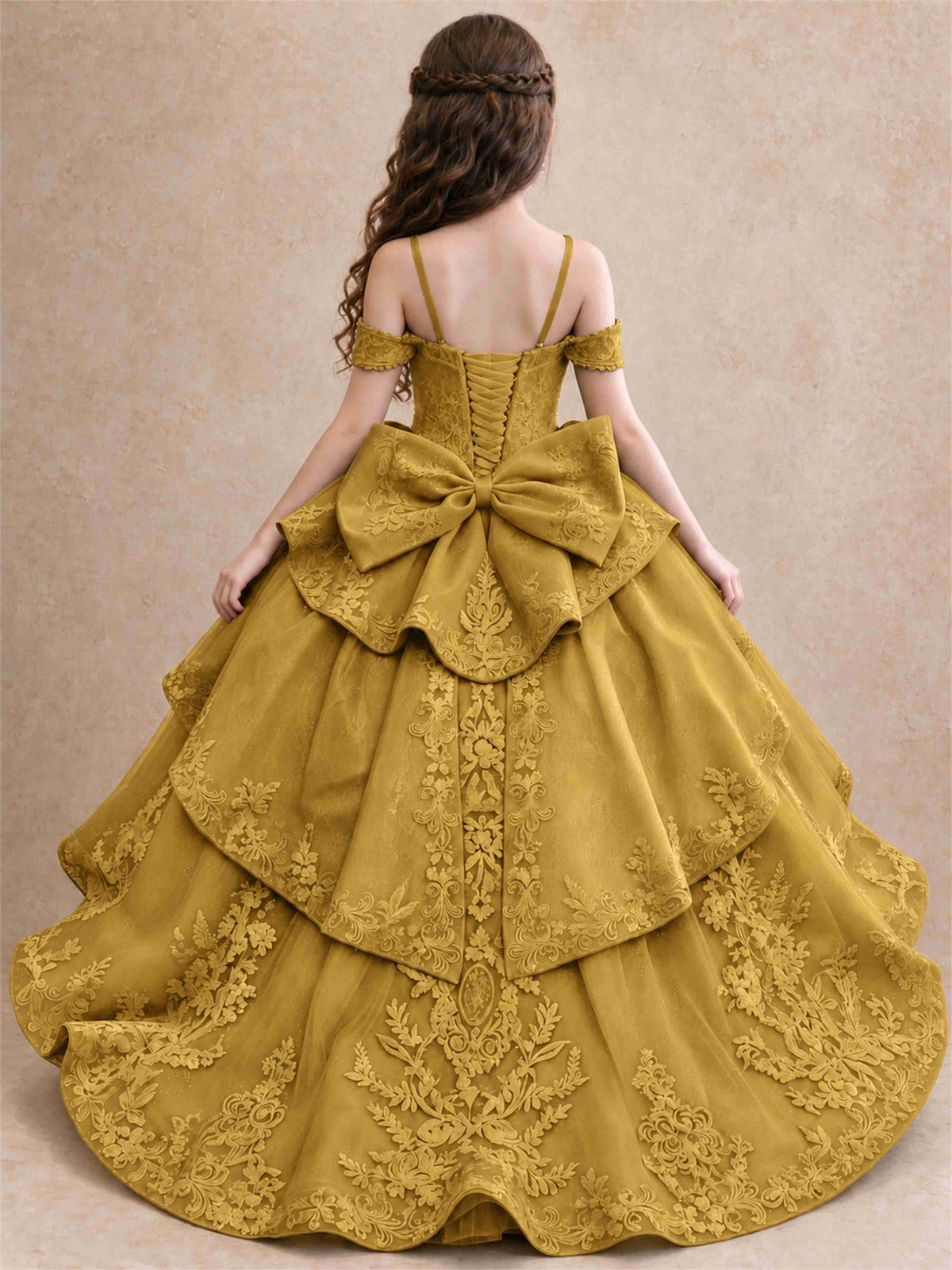Off Shoulder Girls Pageant Dresses Lace Applique Layered Tulle Princess Ball Gown for Birthday Wedding