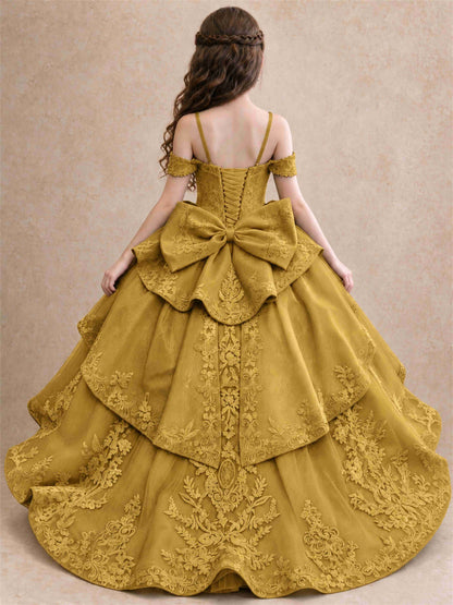 Off Shoulder Girls Pageant Dresses Lace Applique Layered Tulle Princess Ball Gown for Birthday Wedding