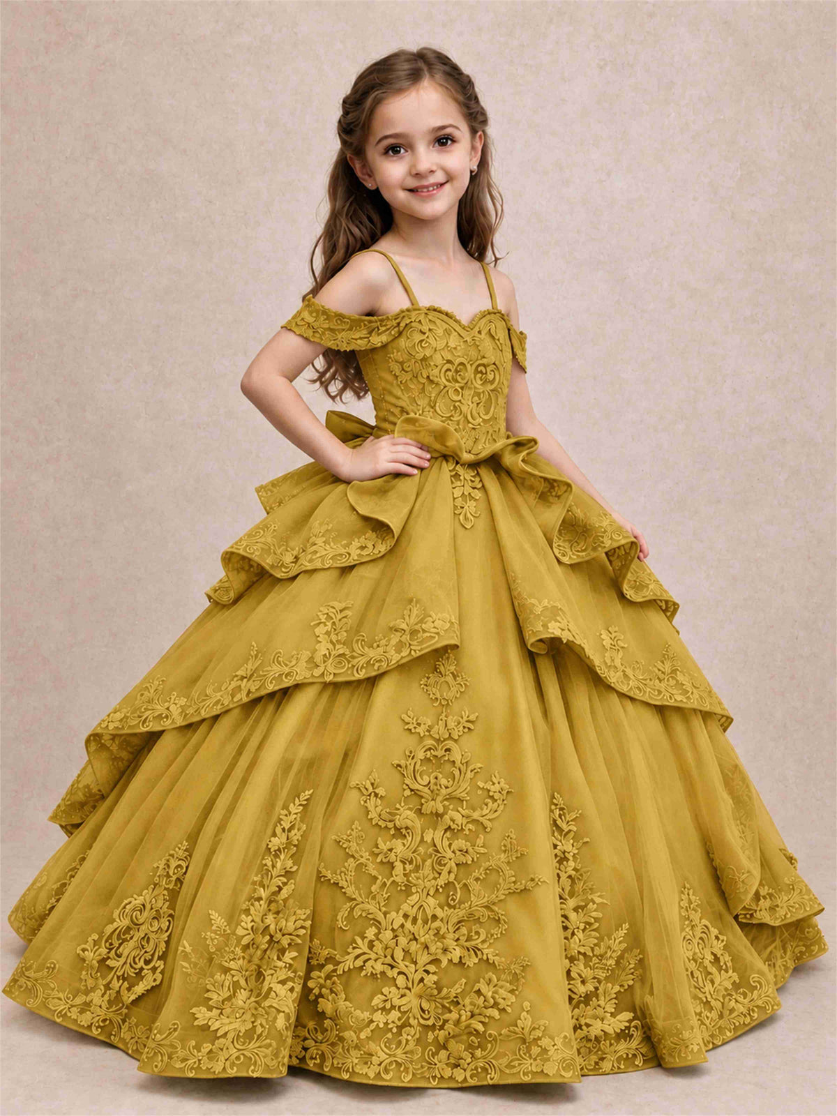 Off Shoulder Girls Pageant Dresses Lace Applique Layered Tulle Princess Ball Gown for Birthday Wedding