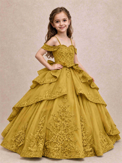 Off Shoulder Girls Pageant Dresses Lace Applique Layered Tulle Princess Ball Gown for Birthday Wedding