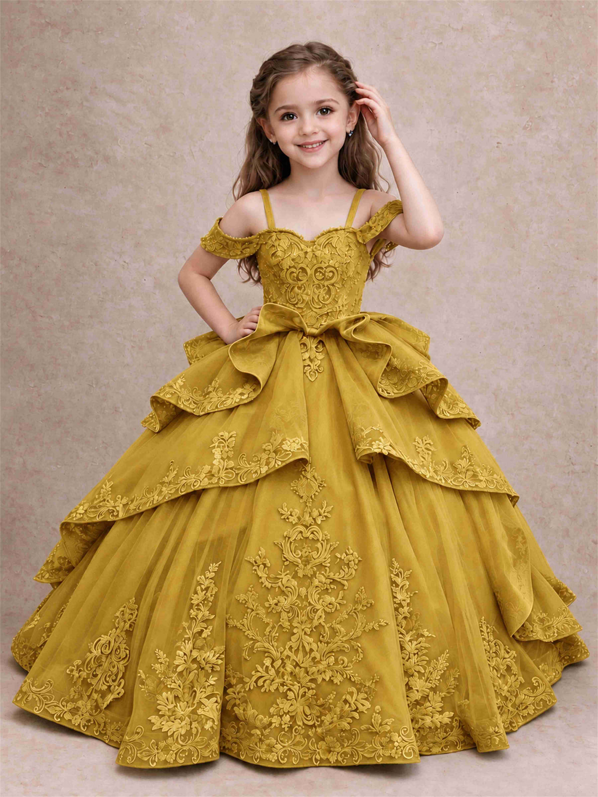 Off Shoulder Girls Pageant Dresses Lace Applique Layered Tulle Princess Ball Gown for Birthday Wedding