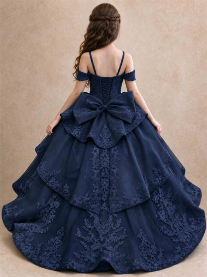 Off Shoulder Girls Pageant Dresses Lace Applique Layered Tulle Princess Ball Gown for Birthday Wedding