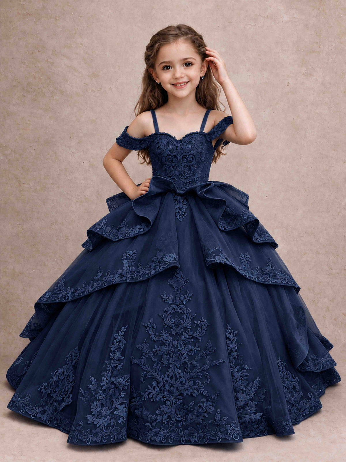 Off Shoulder Girls Pageant Dresses Lace Applique Layered Tulle Princess Ball Gown for Birthday Wedding