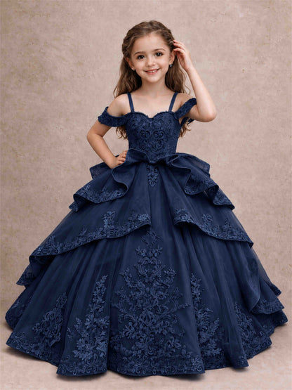 Off Shoulder Girls Pageant Dresses Lace Applique Layered Tulle Princess Ball Gown for Birthday Wedding