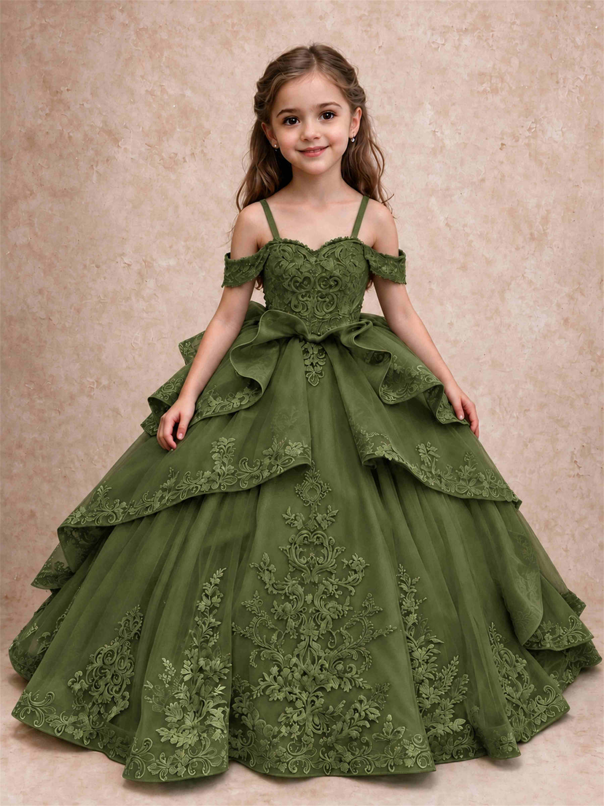 Off Shoulder Girls Pageant Dresses Lace Applique Layered Tulle Princess Ball Gown for Birthday Wedding