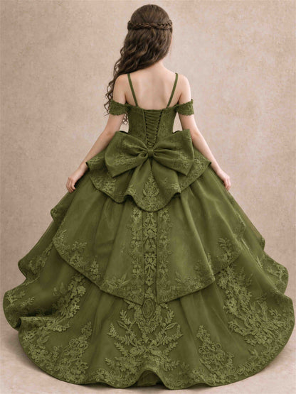 Off Shoulder Girls Pageant Dresses Lace Applique Layered Tulle Princess Ball Gown for Birthday Wedding