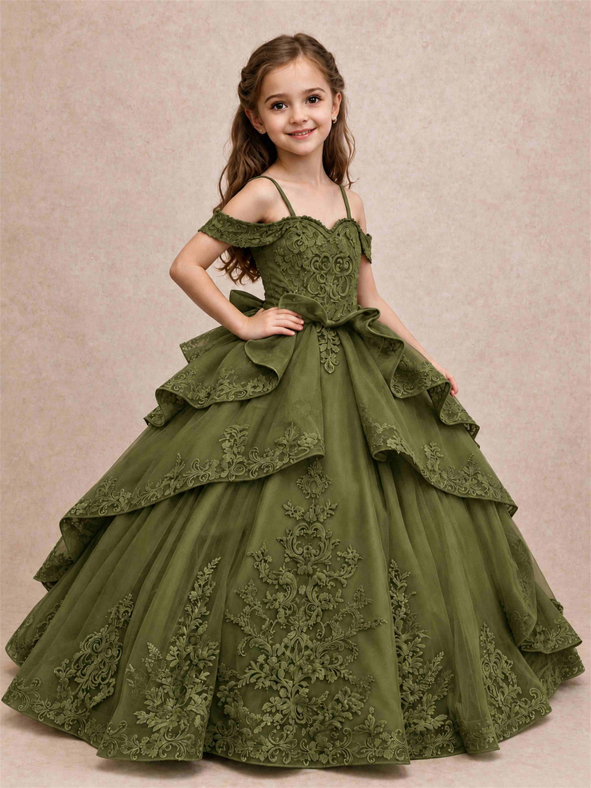 Off Shoulder Girls Pageant Dresses Lace Applique Layered Tulle Princess Ball Gown for Birthday Wedding