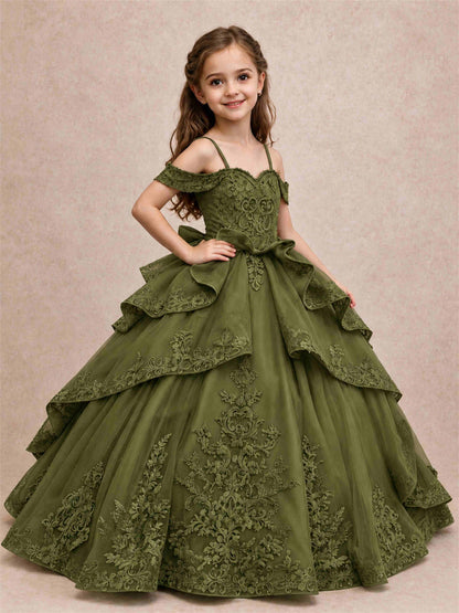 Off Shoulder Girls Pageant Dresses Lace Applique Layered Tulle Princess Ball Gown for Birthday Wedding