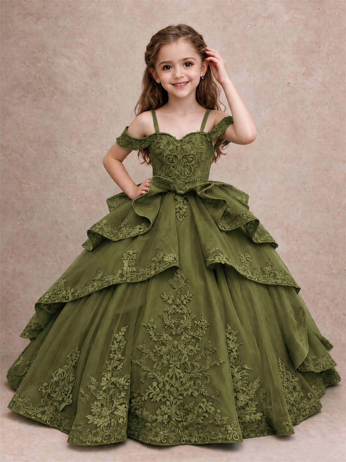 Off Shoulder Girls Pageant Dresses Lace Applique Layered Tulle Princess Ball Gown for Birthday Wedding