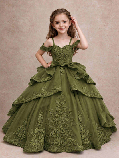 Off Shoulder Girls Pageant Dresses Lace Applique Layered Tulle Princess Ball Gown for Birthday Wedding