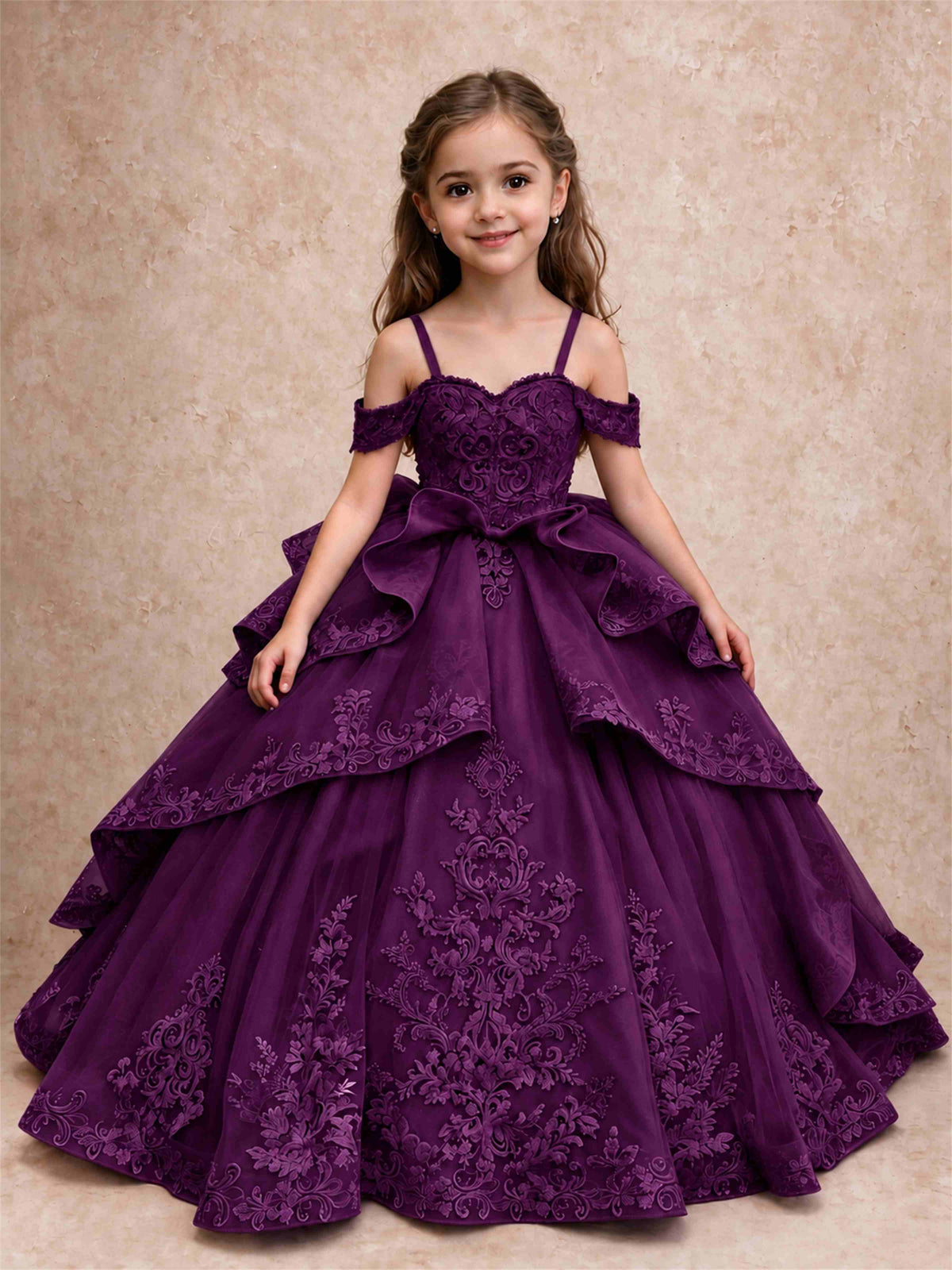 Off Shoulder Girls Pageant Dresses Lace Applique Layered Tulle Princess Ball Gown for Birthday Wedding