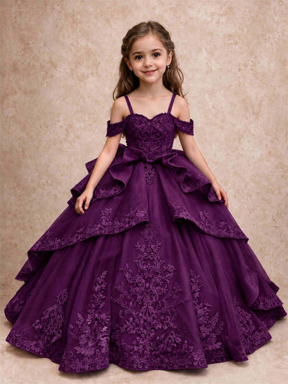Off Shoulder Girls Pageant Dresses Lace Applique Layered Tulle Princess Ball Gown for Birthday Wedding