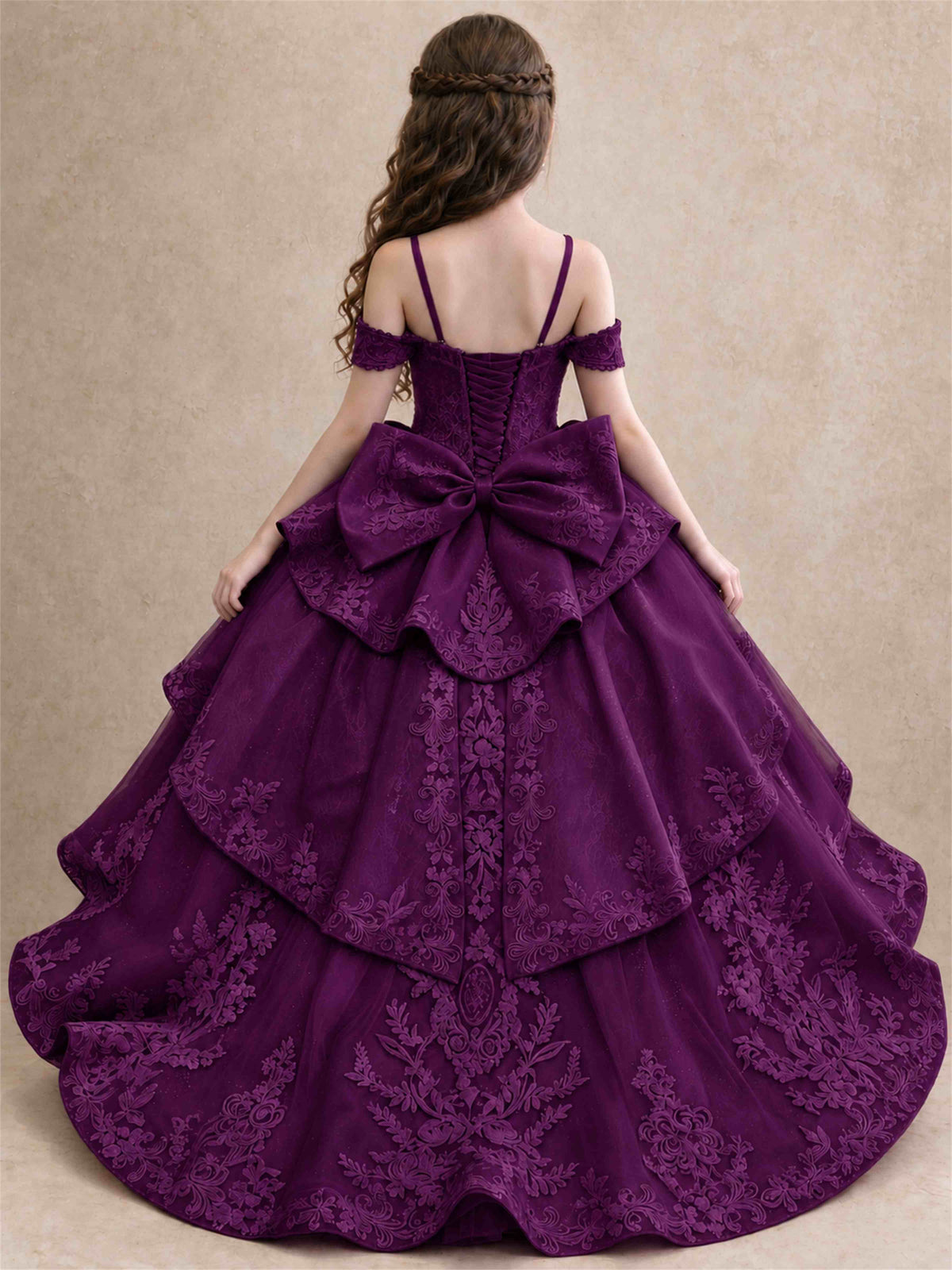 Off Shoulder Girls Pageant Dresses Lace Applique Layered Tulle Princess Ball Gown for Birthday Wedding