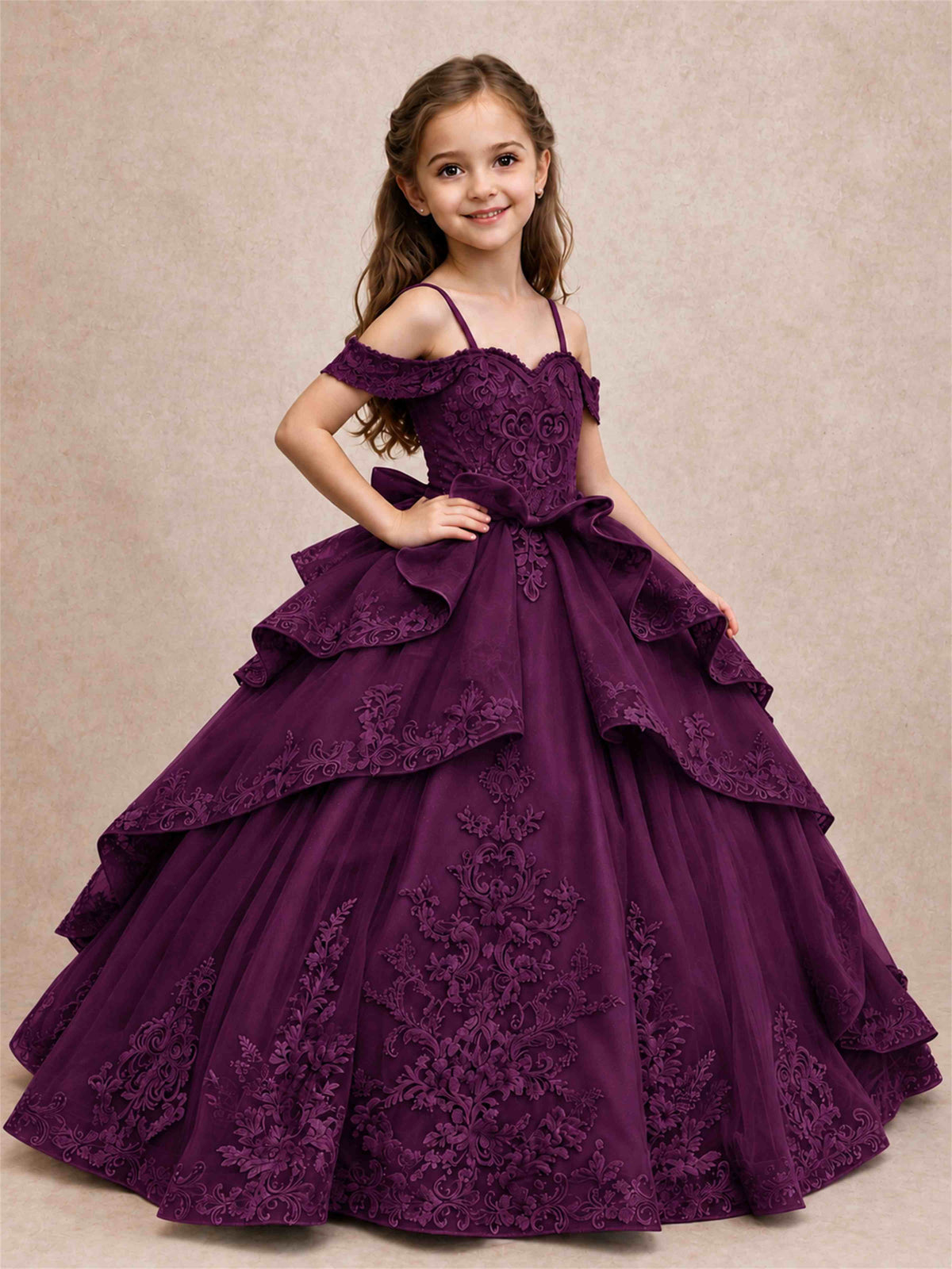Off Shoulder Girls Pageant Dresses Lace Applique Layered Tulle Princess Ball Gown for Birthday Wedding