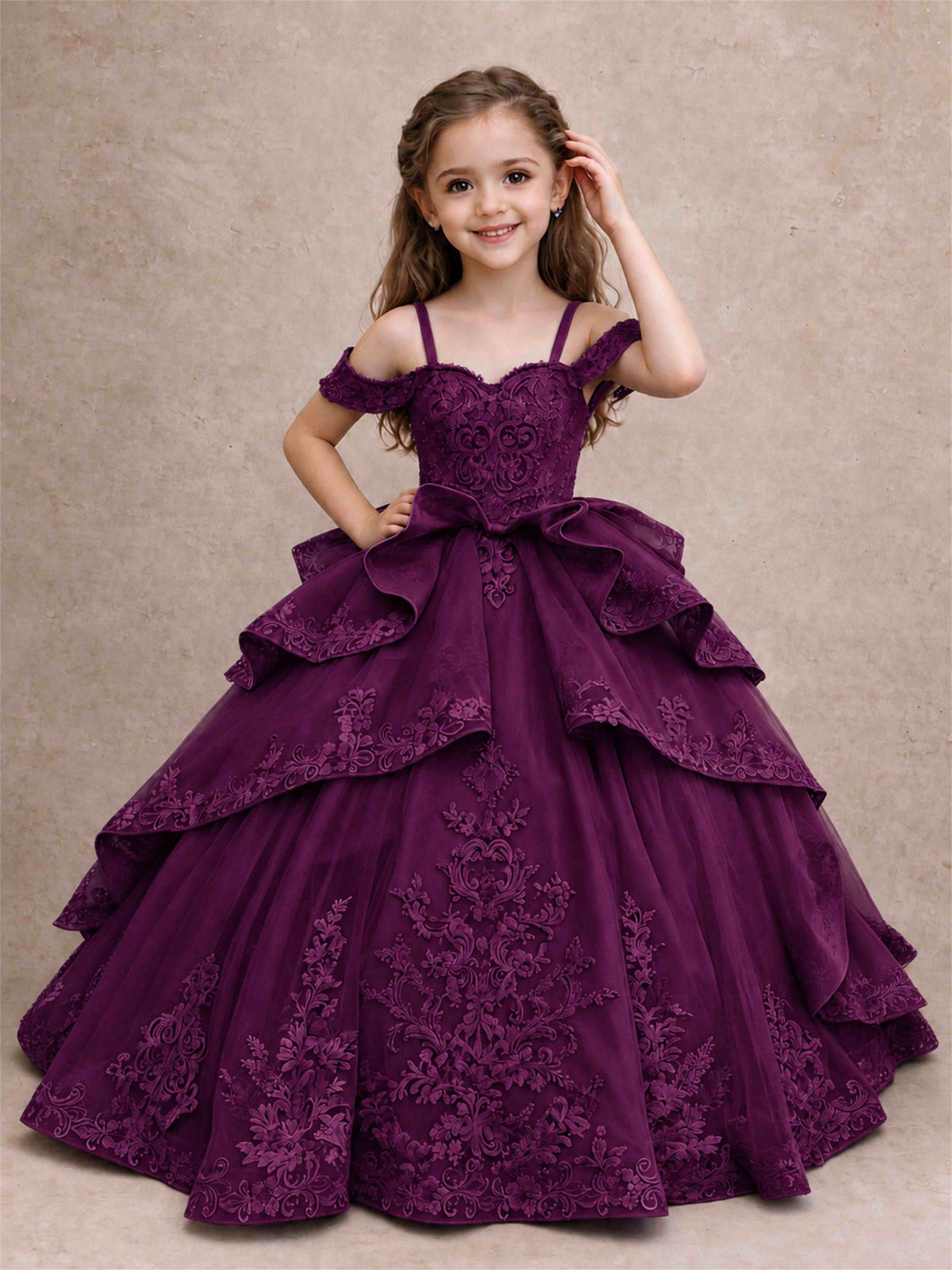 Off Shoulder Girls Pageant Dresses Lace Applique Layered Tulle Princess Ball Gown for Birthday Wedding