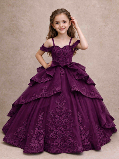 Off Shoulder Girls Pageant Dresses Lace Applique Layered Tulle Princess Ball Gown for Birthday Wedding