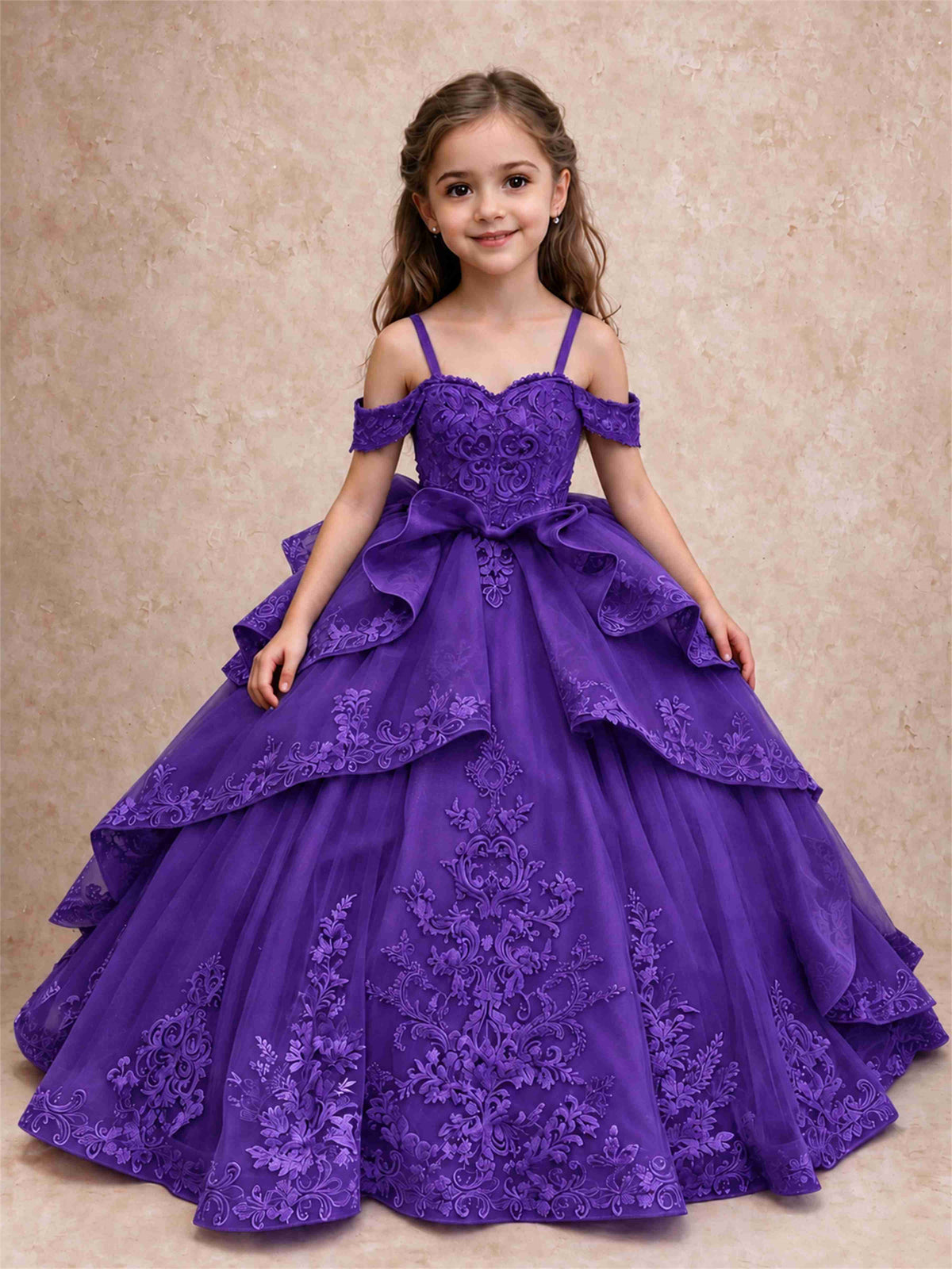 Off Shoulder Girls Pageant Dresses Lace Applique Layered Tulle Princess Ball Gown for Birthday Wedding