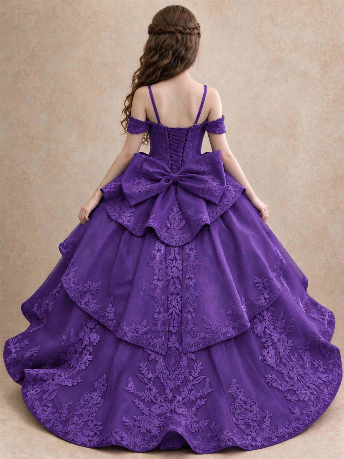 Off Shoulder Girls Pageant Dresses Lace Applique Layered Tulle Princess Ball Gown for Birthday Wedding
