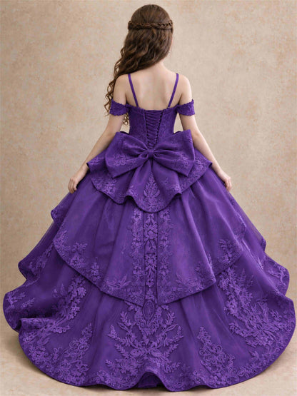 Off Shoulder Girls Pageant Dresses Lace Applique Layered Tulle Princess Ball Gown for Birthday Wedding