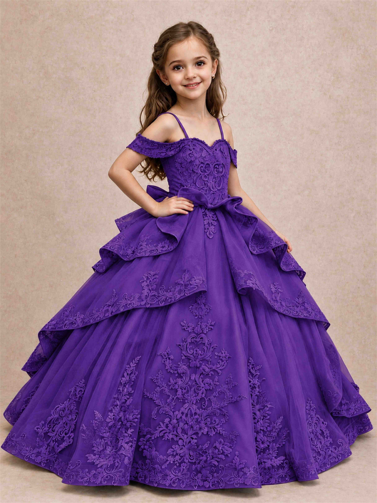Off Shoulder Girls Pageant Dresses Lace Applique Layered Tulle Princess Ball Gown for Birthday Wedding