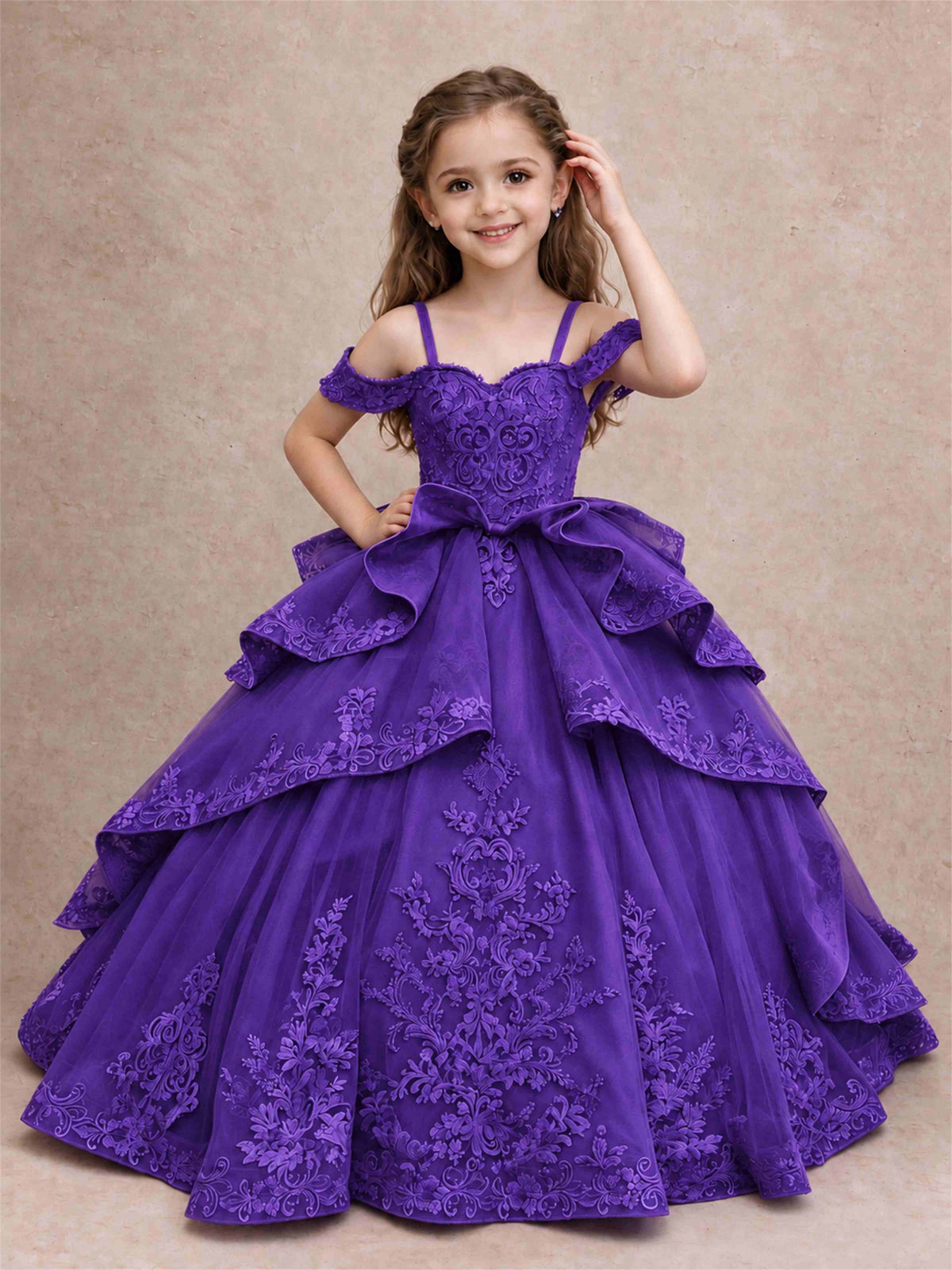 Off Shoulder Girls Pageant Dresses Lace Applique Layered Tulle Princess Ball Gown for Birthday Wedding