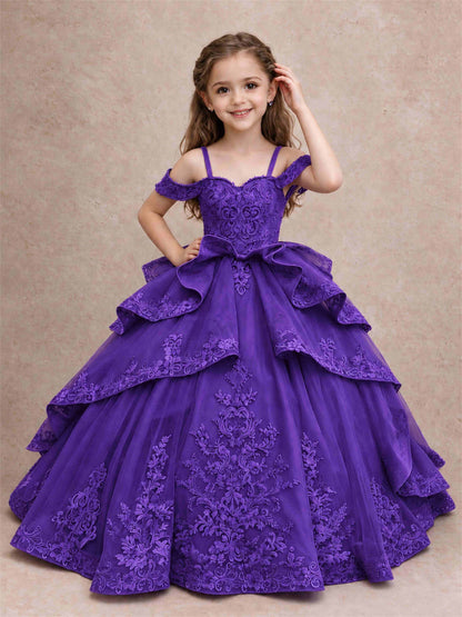 Off Shoulder Girls Pageant Dresses Lace Applique Layered Tulle Princess Ball Gown for Birthday Wedding