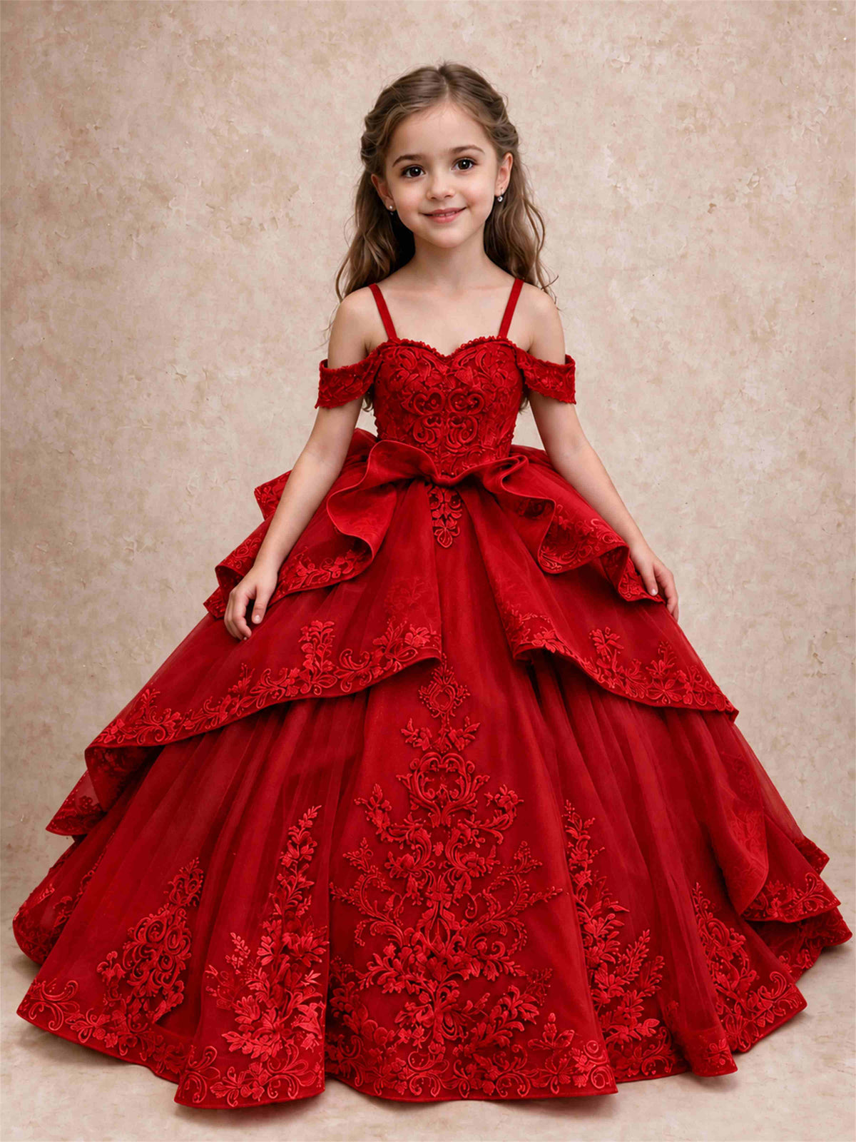Off Shoulder Girls Pageant Dresses Lace Applique Layered Tulle Princess Ball Gown for Birthday Wedding