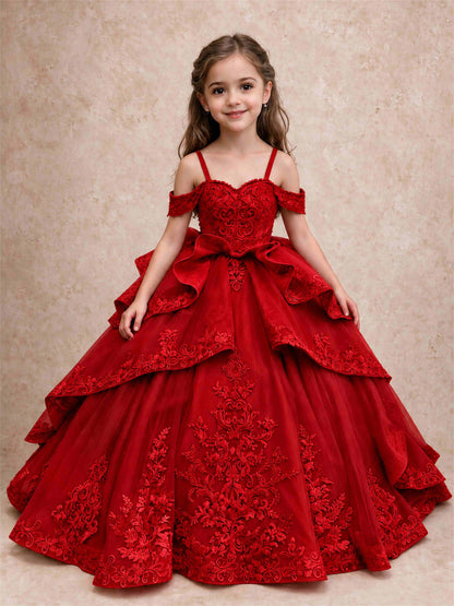 Off Shoulder Girls Pageant Dresses Lace Applique Layered Tulle Princess Ball Gown for Birthday Wedding