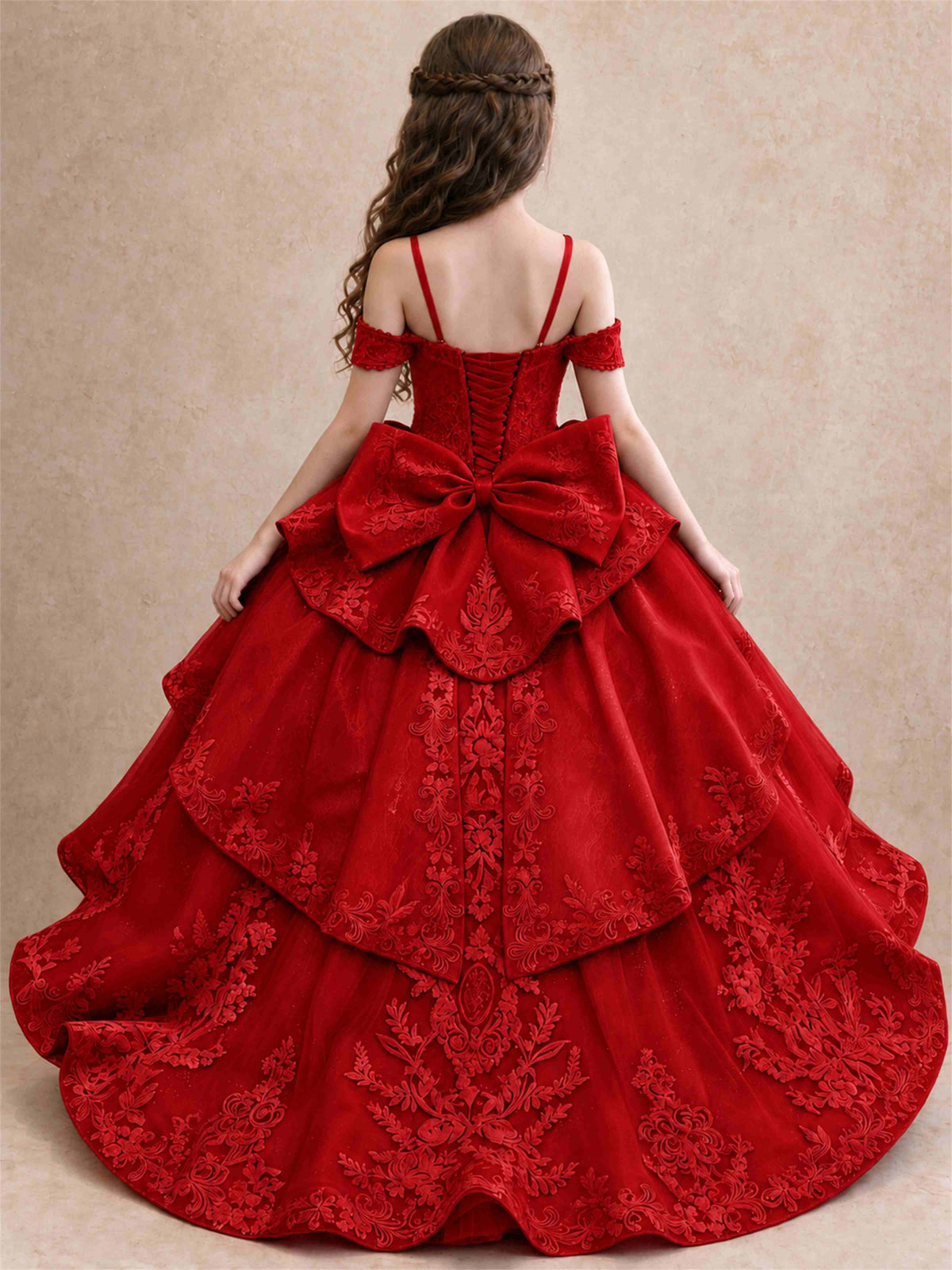 Off Shoulder Girls Pageant Dresses Lace Applique Layered Tulle Princess Ball Gown for Birthday Wedding