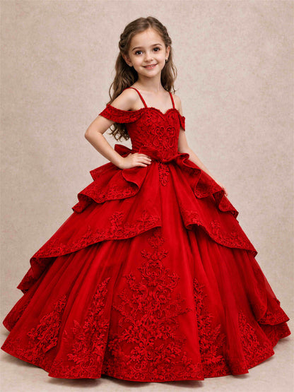Off Shoulder Girls Pageant Dresses Lace Applique Layered Tulle Princess Ball Gown for Birthday Wedding