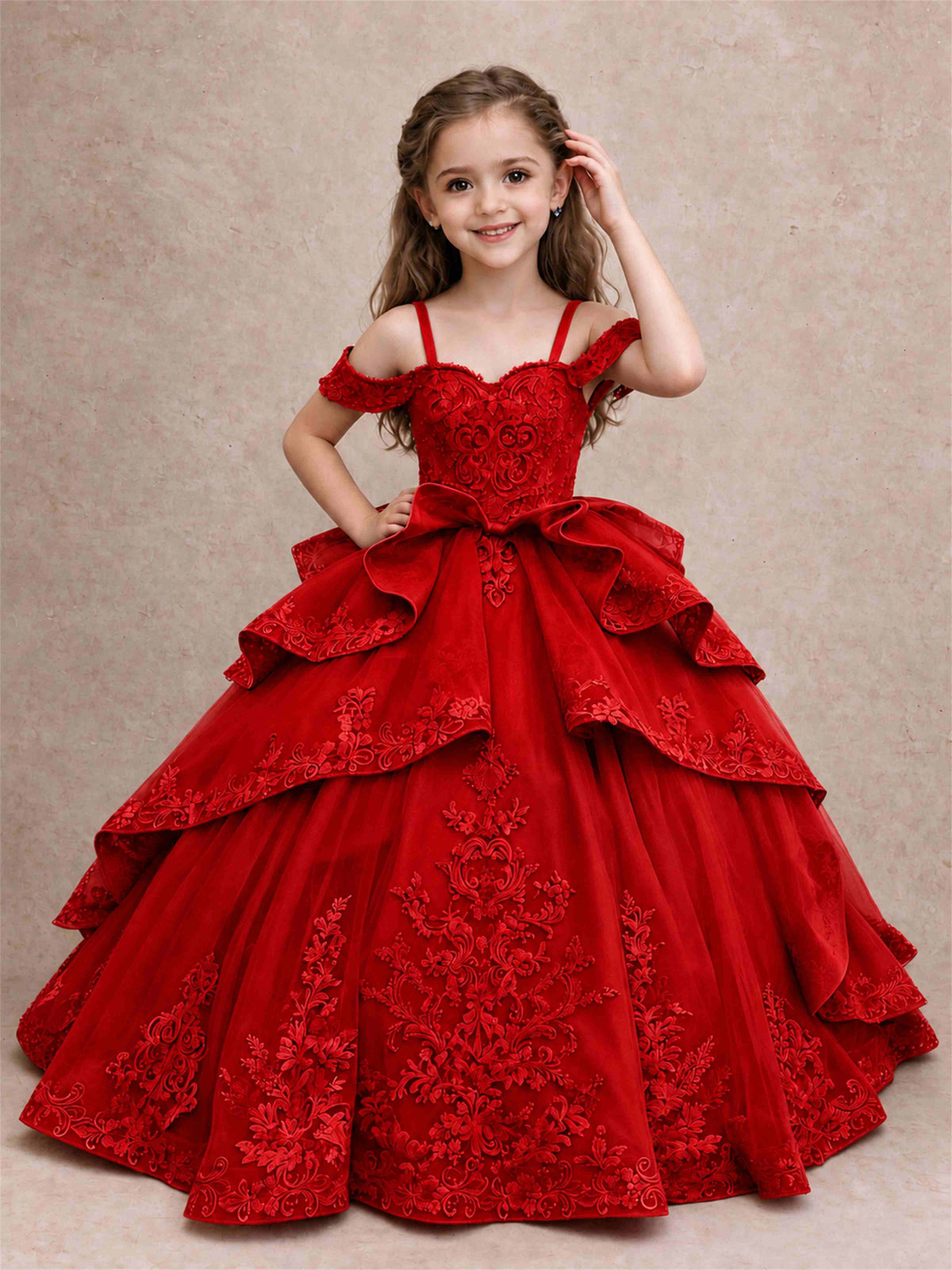 Off Shoulder Girls Pageant Dresses Lace Applique Layered Tulle Princess Ball Gown for Birthday Wedding