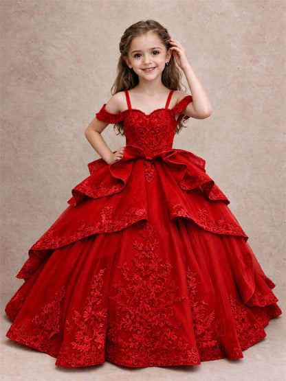 Off Shoulder Girls Pageant Dresses Lace Applique Layered Tulle Princess Ball Gown for Birthday Wedding