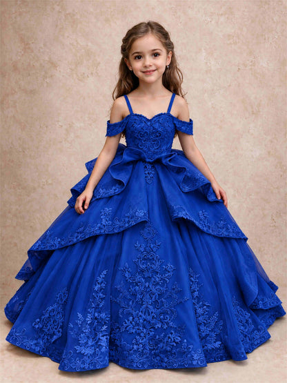 Off Shoulder Girls Pageant Dresses Lace Applique Layered Tulle Princess Ball Gown for Birthday Wedding