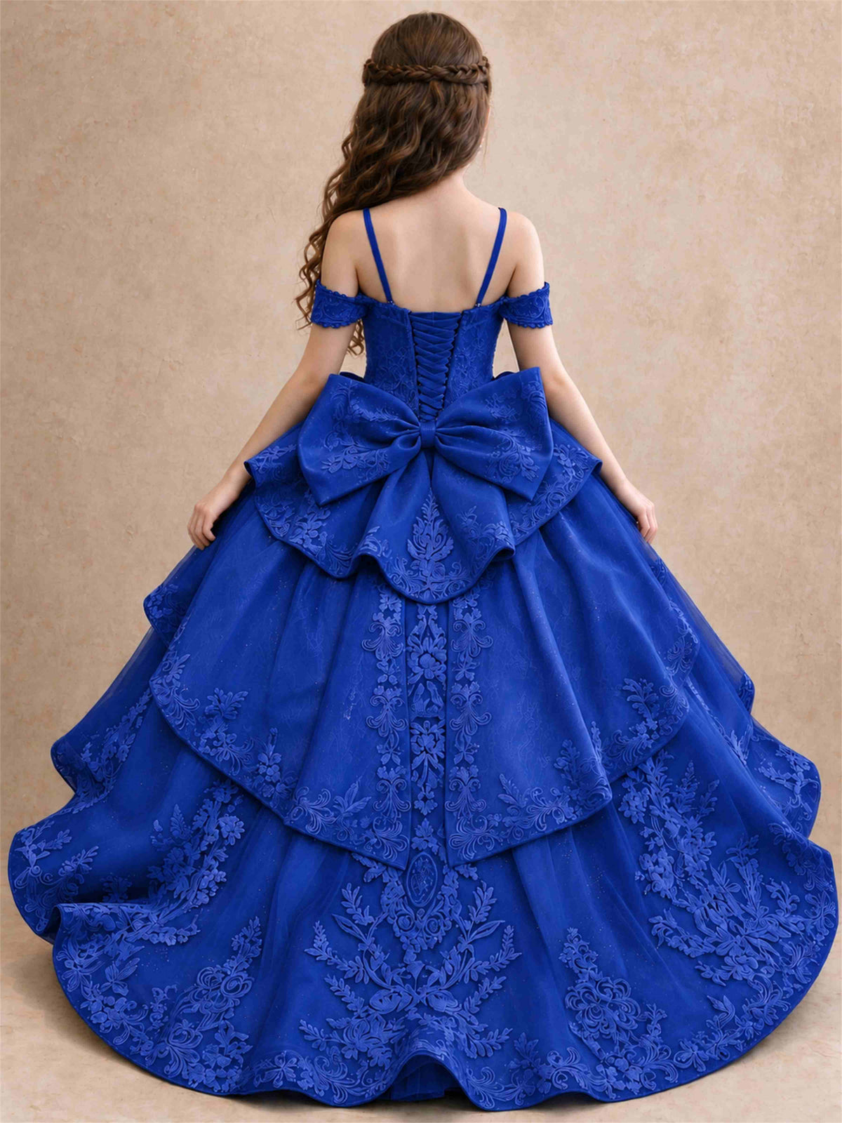 Off Shoulder Girls Pageant Dresses Lace Applique Layered Tulle Princess Ball Gown for Birthday Wedding