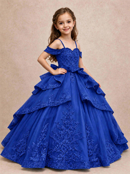 Off Shoulder Girls Pageant Dresses Lace Applique Layered Tulle Princess Ball Gown for Birthday Wedding