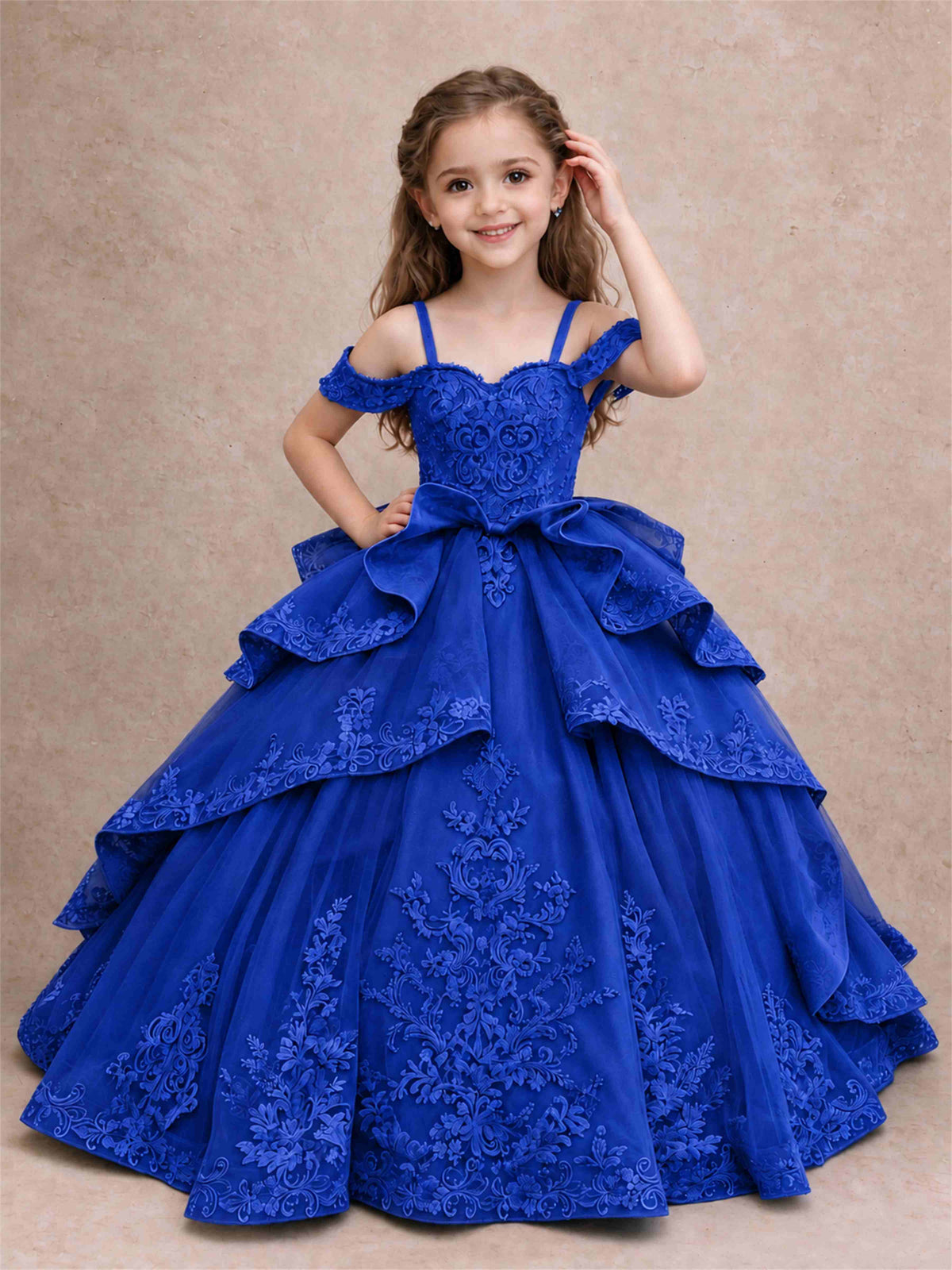 Off Shoulder Girls Pageant Dresses Lace Applique Layered Tulle Princess Ball Gown for Birthday Wedding